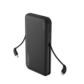 10,000 mAh Power Bank with Integrated Charging Cables - Black