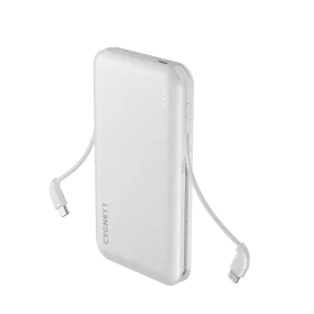 10,000 mAh Power Bank With Integrated Charging Cables - White