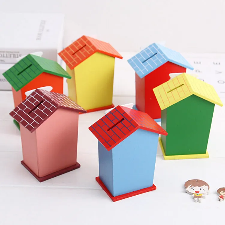 1663 Cute Cartoon House Shaped Lovely Wooden Piggy Bank Money Bank