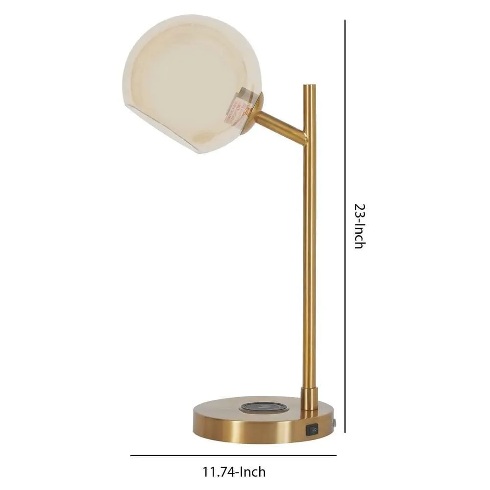 23" Round Glass Shade Desk Lamp with Wireless Charger, Gold By Casagear Home