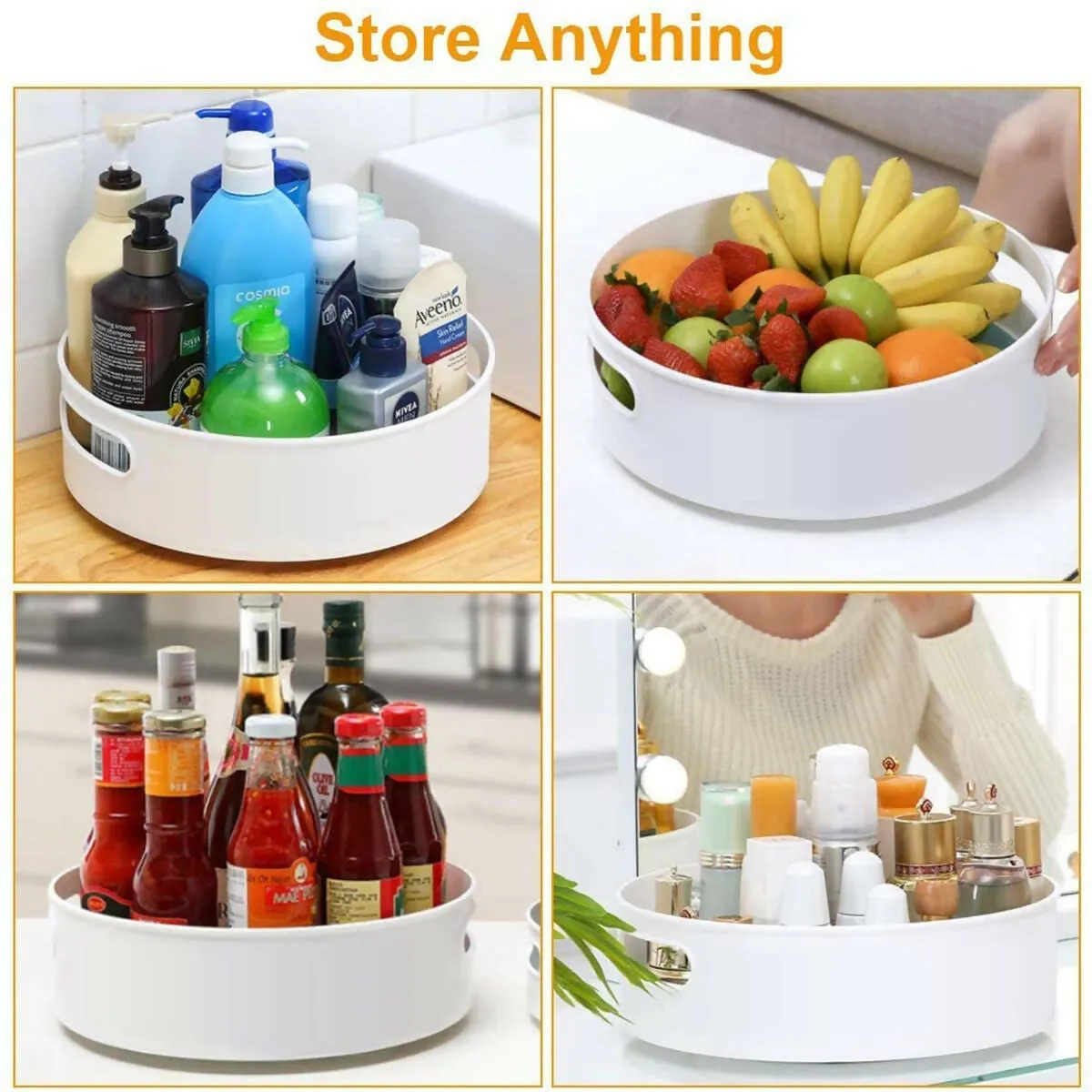 360° Rotating Kitchen & Cosmetic Organizer Tray Multi-Functional Revolving Condiment Holder (Cream)