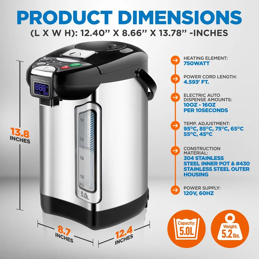 5L Digital Hot Water Dispenser - Instant Water Boiler / Water Heater, Auto Dispense Safety Lock, (5.283Quarts)