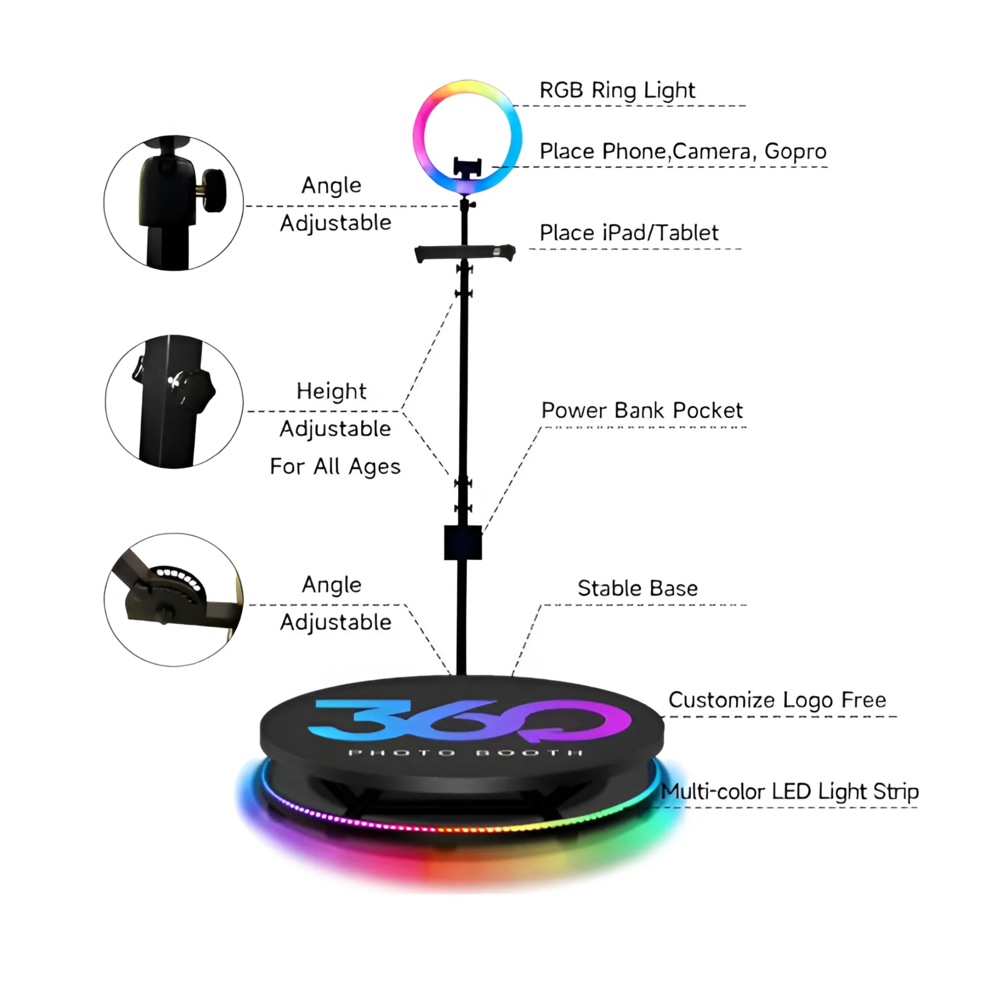 80 cm 360-Degree Photo Booth RGB - Slow Motion Rotating Selfie Platform