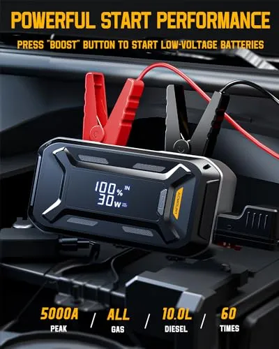 Acmount Car Jump Starter, 5000A Peak Car Battery Jump Starter (All Gas/10.0L Diesel Engine), 12V Portable Car Jump Starter Battery Pack with 3” LCD Display, USB Quick Charge and LED Light