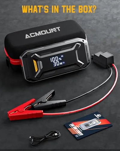 Acmount Car Jump Starter, 5000A Peak Car Battery Jump Starter (All Gas/10.0L Diesel Engine), 12V Portable Car Jump Starter Battery Pack with 3” LCD Display, USB Quick Charge and LED Light