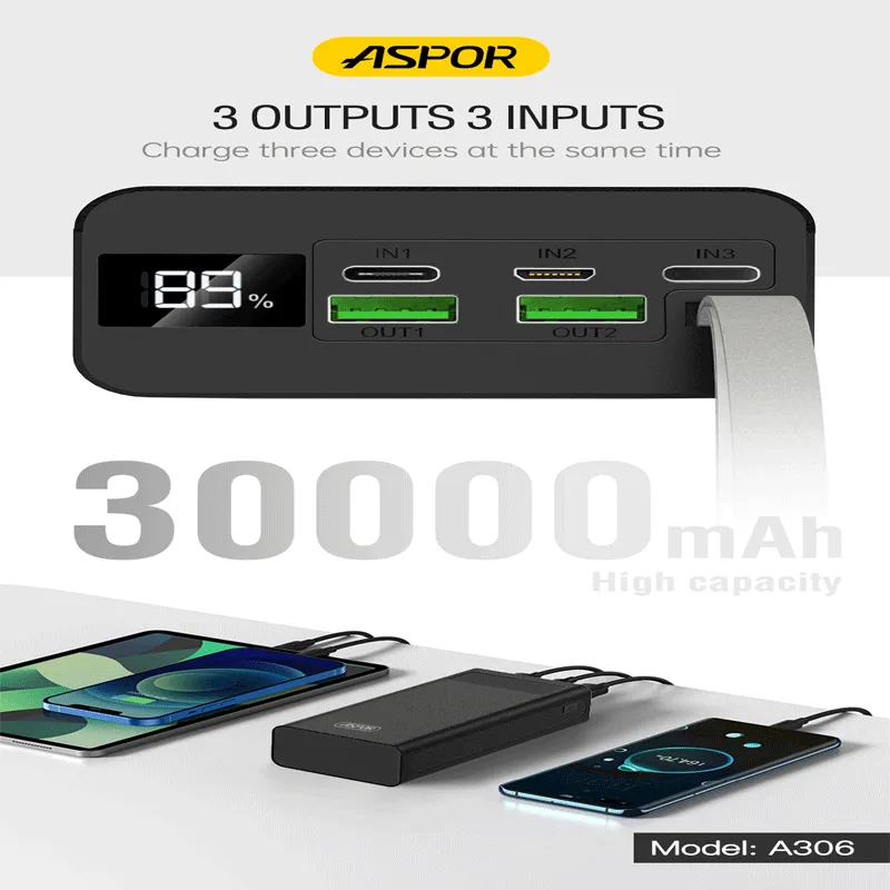 Aspor A306 Power Bank - 30000mAh / 20W / Micro USB / Type-C / Lightning / Black