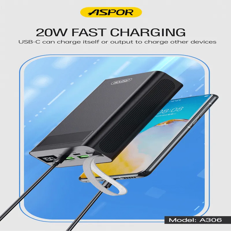 Aspor A306 Power Bank - 30000mAh / 20W / Micro USB / Type-C / Lightning / Black