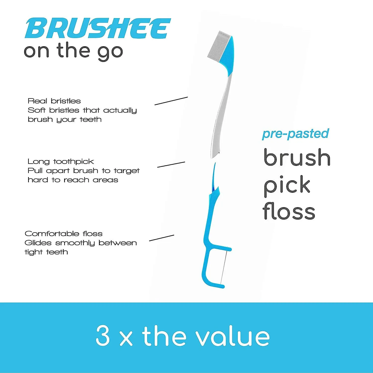 Brushee -  3-in-1 Tool (Pre-Pasted Mini-Brush   Floss   Pick)