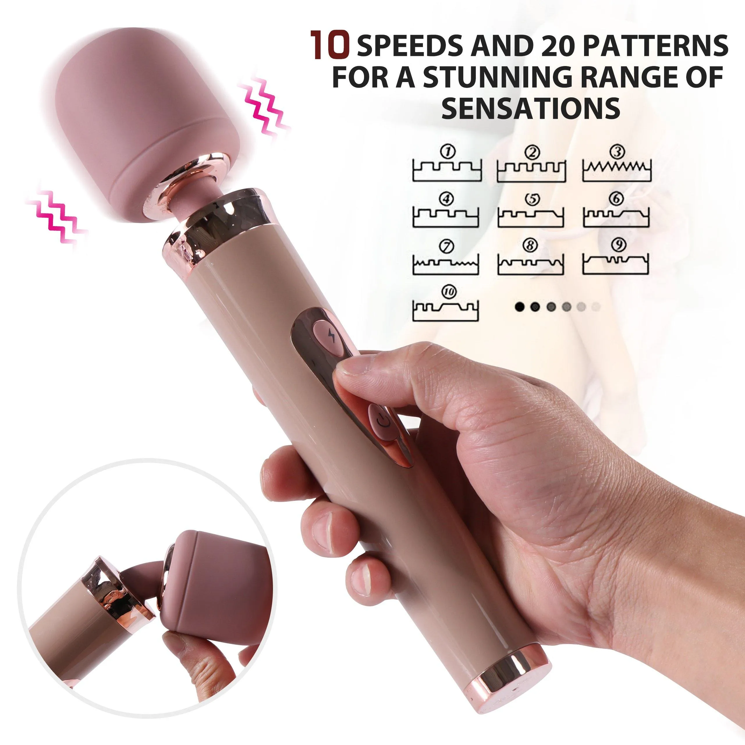 Cordless Wand Massager Vibrator-20 Vibration Patterns 10 Powerful Speeds