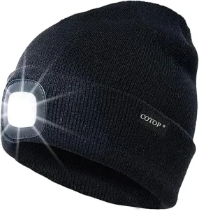 COTOP Unisex LED Headlamp Beanie Cap Men's Women Gift Winter Warm Beanie Hat Hands Free Lighted Beanie Cap for Dog Walking Night, Running, Camping,Hiking