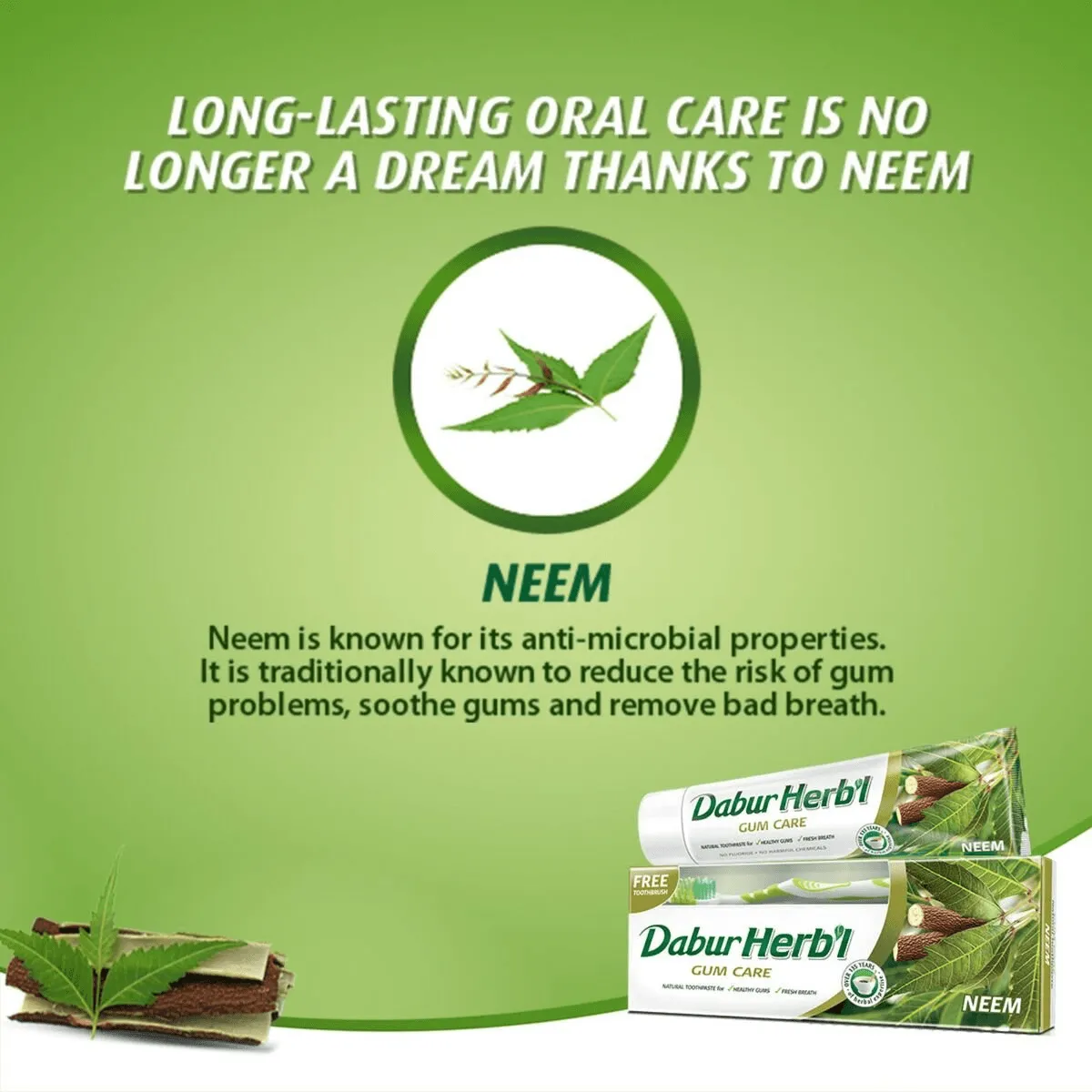 Dabur Herbal Neem Toothpaste With Tooth Brush Free - 150g