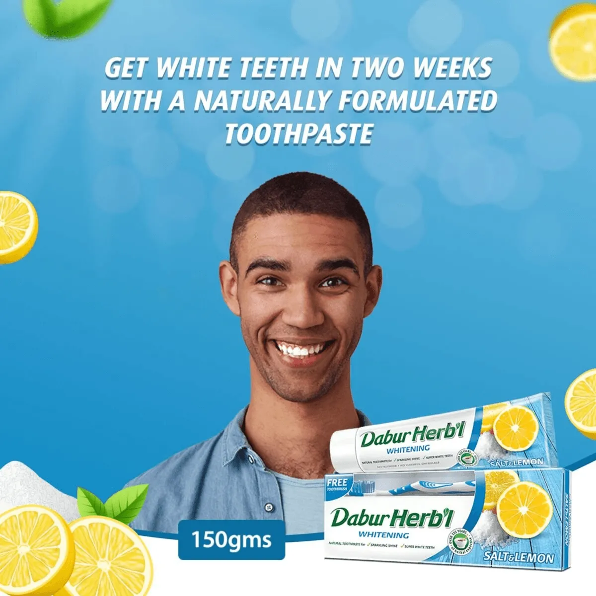 Dabur Herbal Whitening Salt & Lemon Toothpaste With Tooth Brush Free - 150g