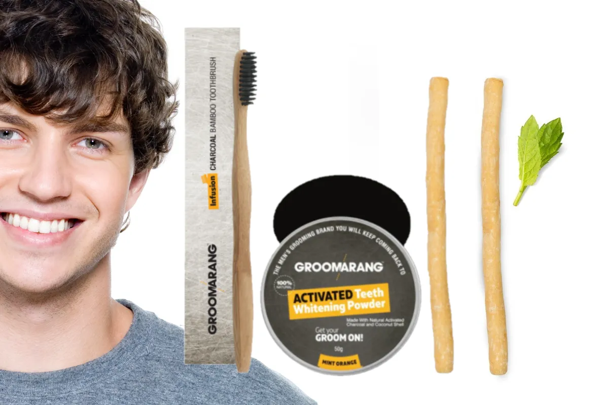 Groomarang Activated Teeth Whitening Charcoal Powder, Bamboo Toothbrush & Miswak Twin Pack