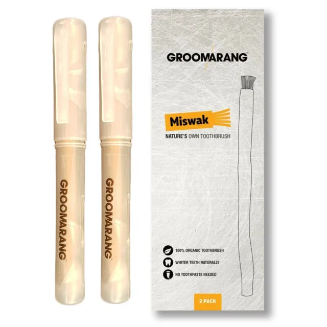 Groomarang Activated Teeth Whitening Charcoal Powder, Bamboo Toothbrush & Miswak Twin Pack