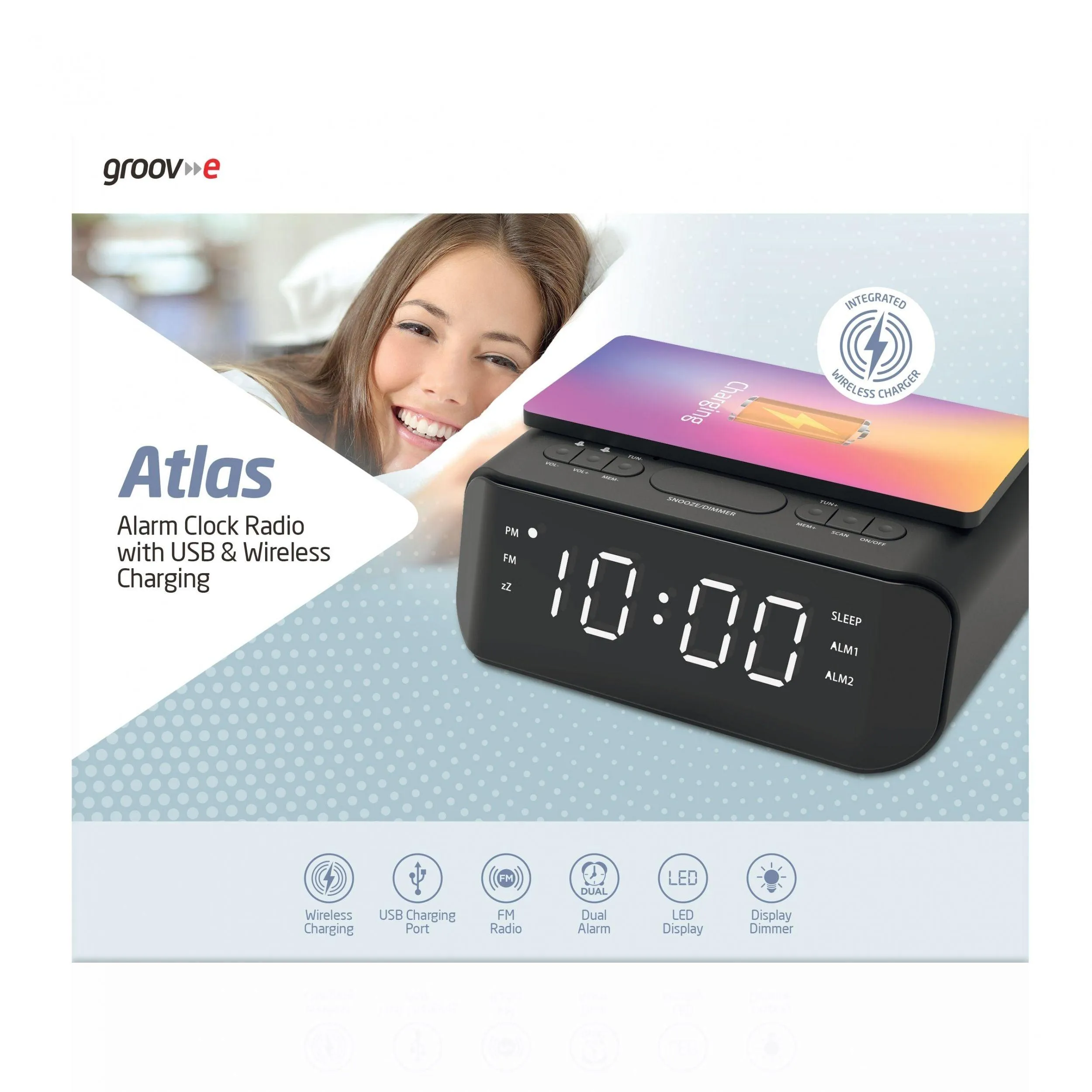 Groov-E FM Alarm Clock Radio with USB & Wireless Charging - Black | GVWC06BK