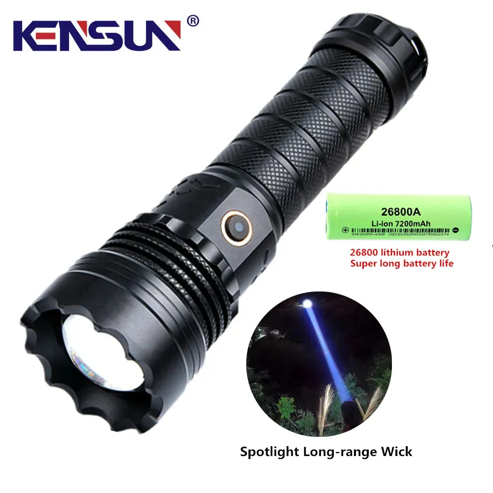 High Power Strong Light Long Range LED Flashlight USB Charging 26800 Lithium Battery Outdoor Telescopic Zoom Long-range Torch