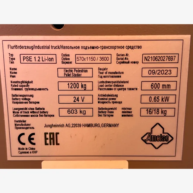 Jungheinrich Ameise PSE1.2 Li-Ion Electric Pallet Stacker