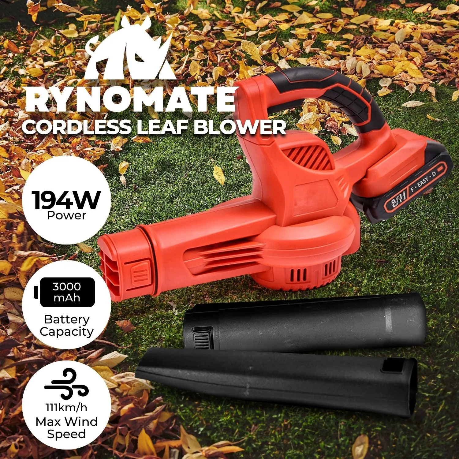 Lightweight 21V Cordless Leaf Blower, 2 Batteries, RYNOMATE