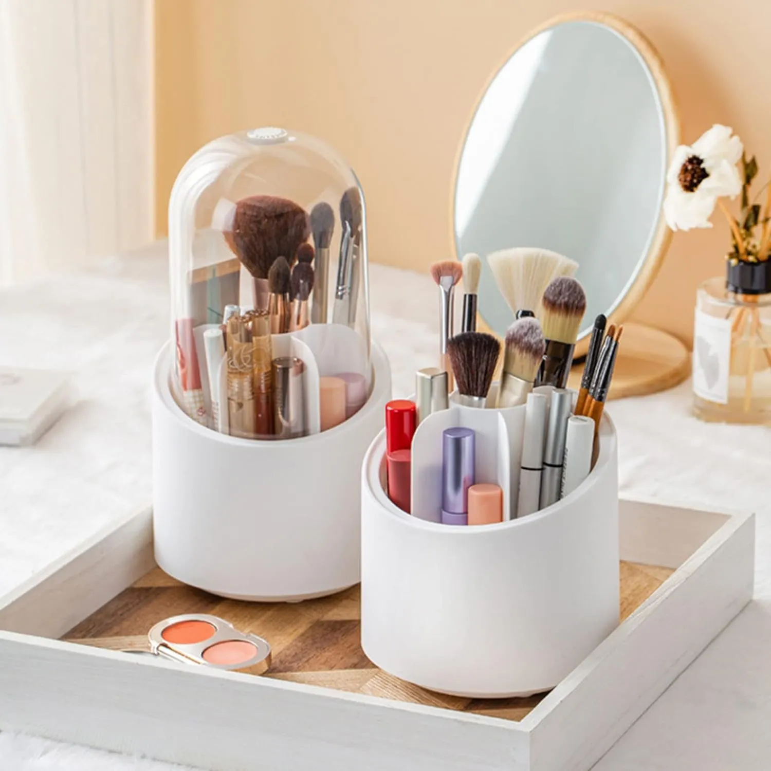 Makeup Brush Holder, 360 Rotating Makeup Organizer with Clear Cover Cosmetics Storage Display Case, with 7 Compartments