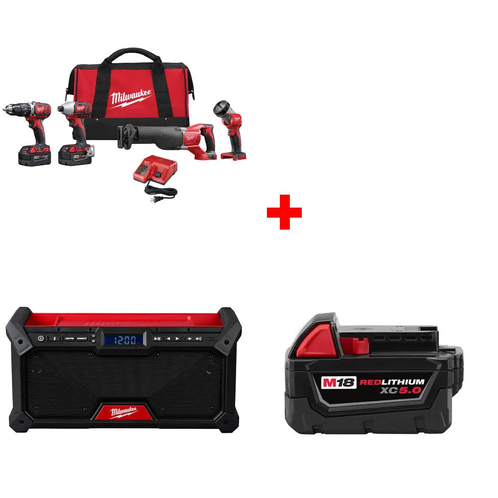 Milwaukee 2696-24 M18 4-Tool Combo Kit W/ FREE 2952-20 M18 Radio & Battery Pack