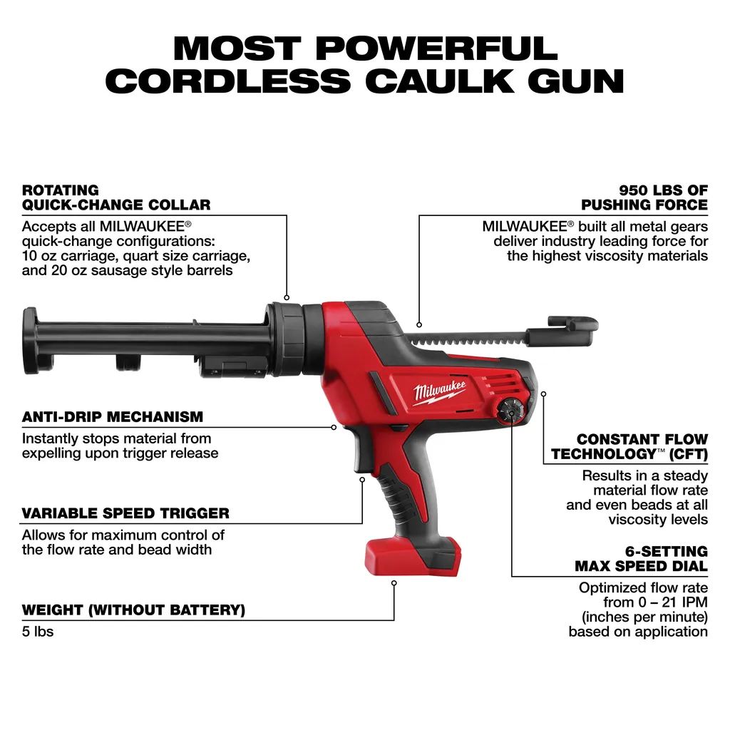 Milwaukee M18 Cordless 10 Oz Caulk And Adhesive Gun