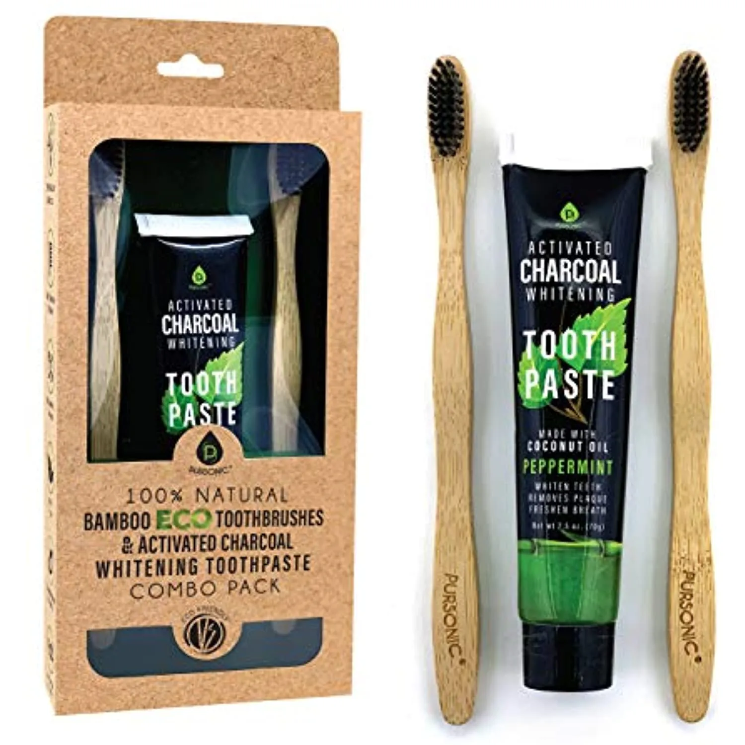 Natural Bamboo Toothbrushes & Charcoal Whitening Toothpaste Set