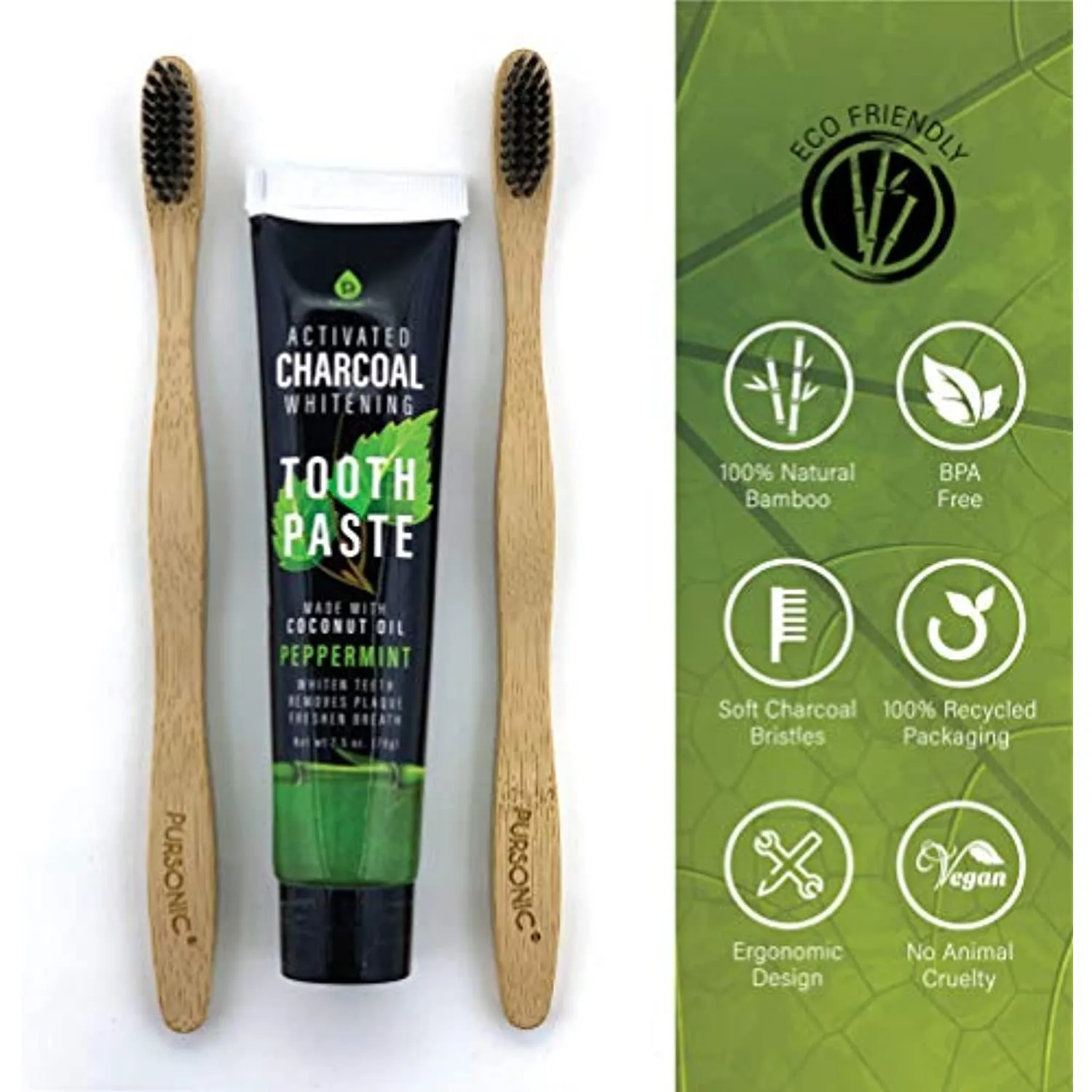 Natural Bamboo Toothbrushes & Charcoal Whitening Toothpaste Set