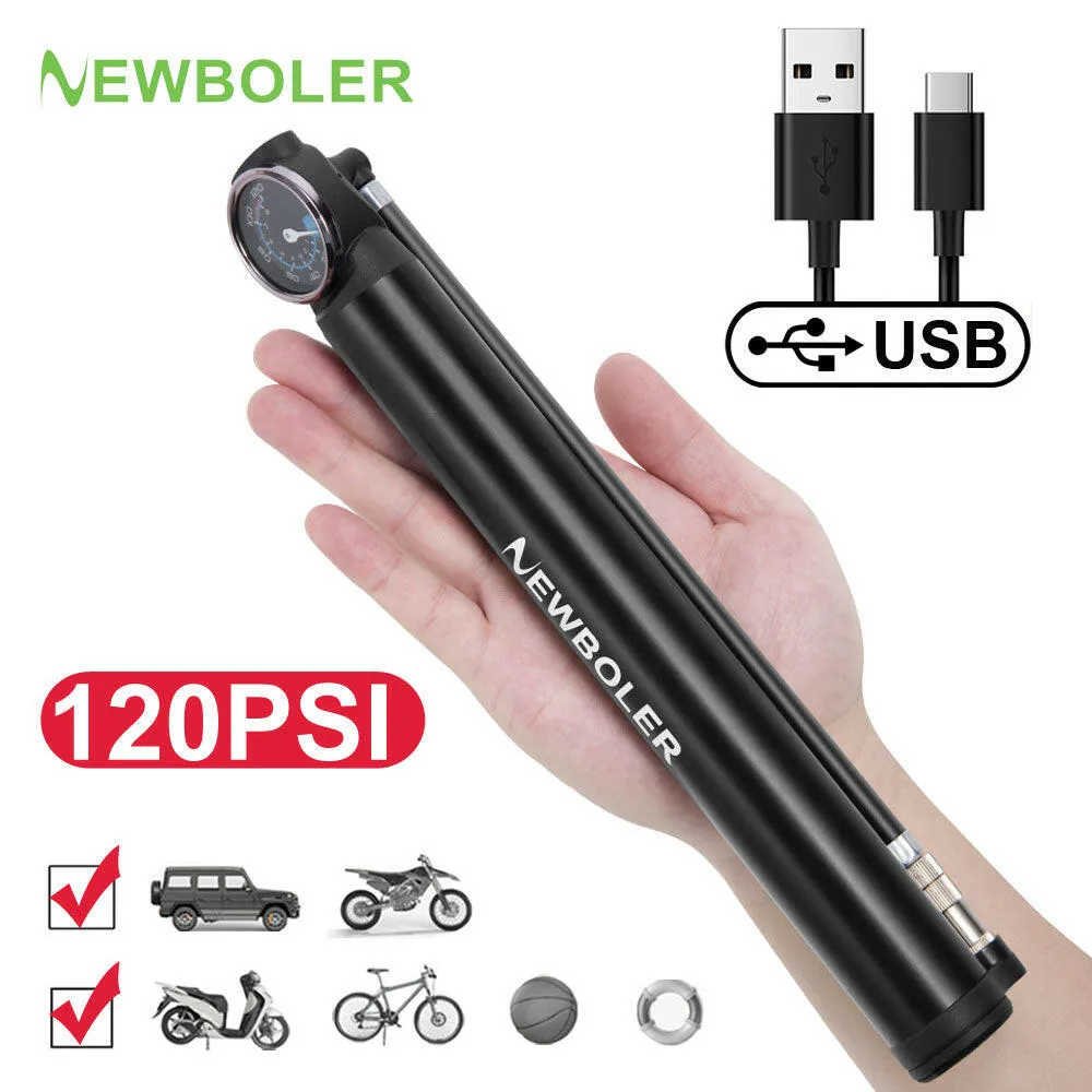 NEWBOLER 120Psi Electric Bike Air Pump Aluminum Alloy USB Rechargeable Bicycle Air Pump Tire Inflator Motorcycle/Automobile Pump