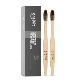 Oralvit Bamboo Charcoal Toothbrush 100% Natural | Anti-bacterial & Biodegradable | Eco-Friendly | For Adults & Kids | BPA Free (Pack Of 2)