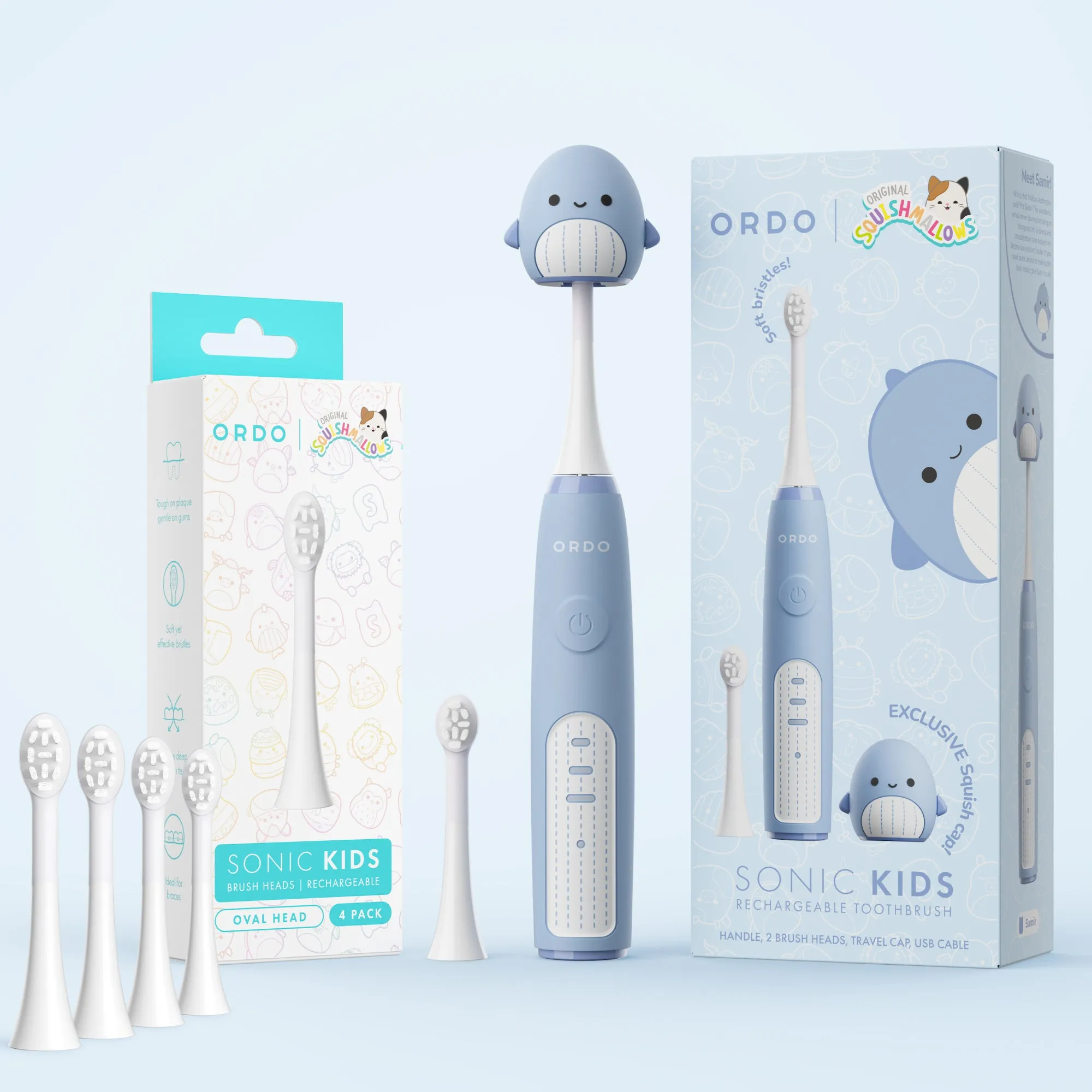 Ordo Sonic Kids Rechargeable Toothbrush & 4x Brush Heads - White - Squishmallows Samir