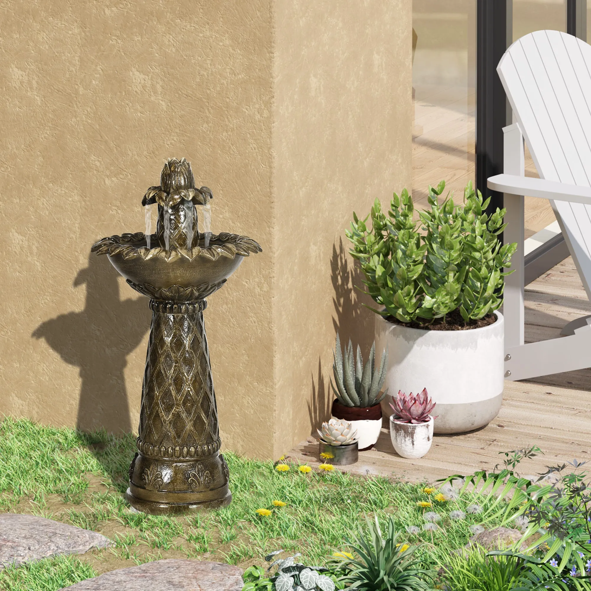 Outsunny 2-Tier Garden Fountain Self-Contained Cascading Water Feature