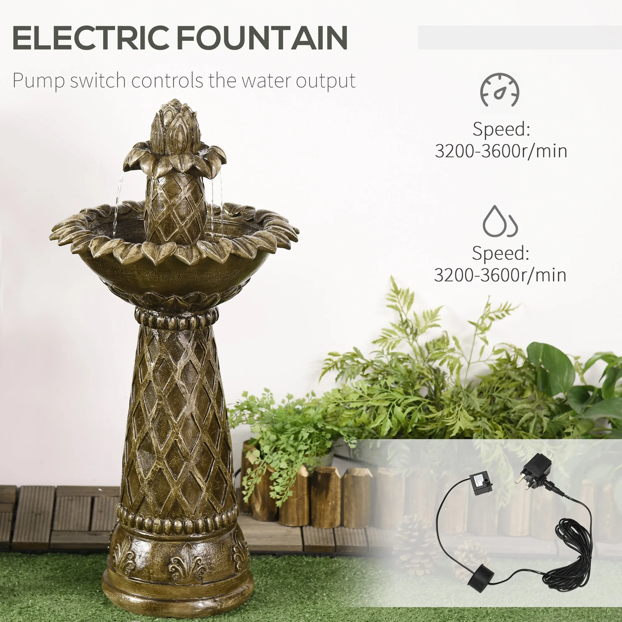 Outsunny 2-Tier Garden Fountain Self-Contained Cascading Water Feature