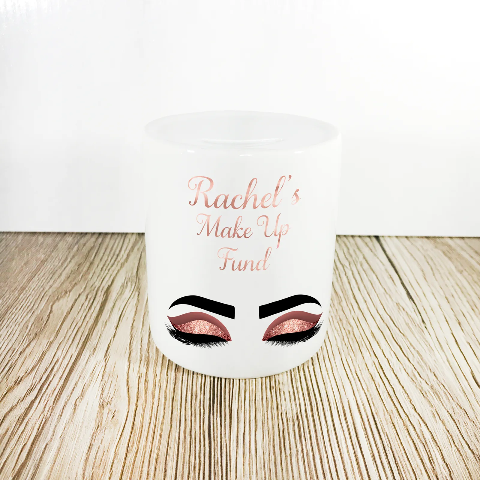 Personalise Make Up Fund Money Pot | Rose Gold Eyes