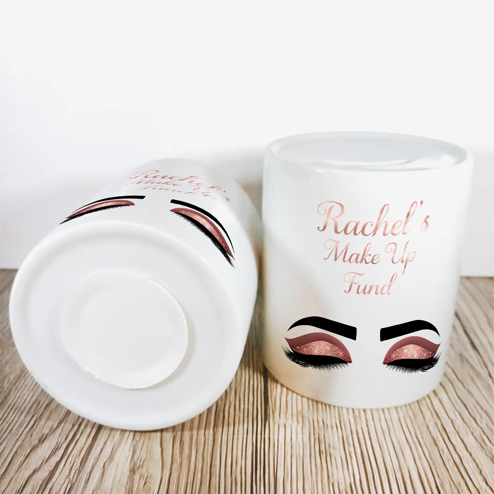 Personalise Make Up Fund Money Pot | Rose Gold Eyes