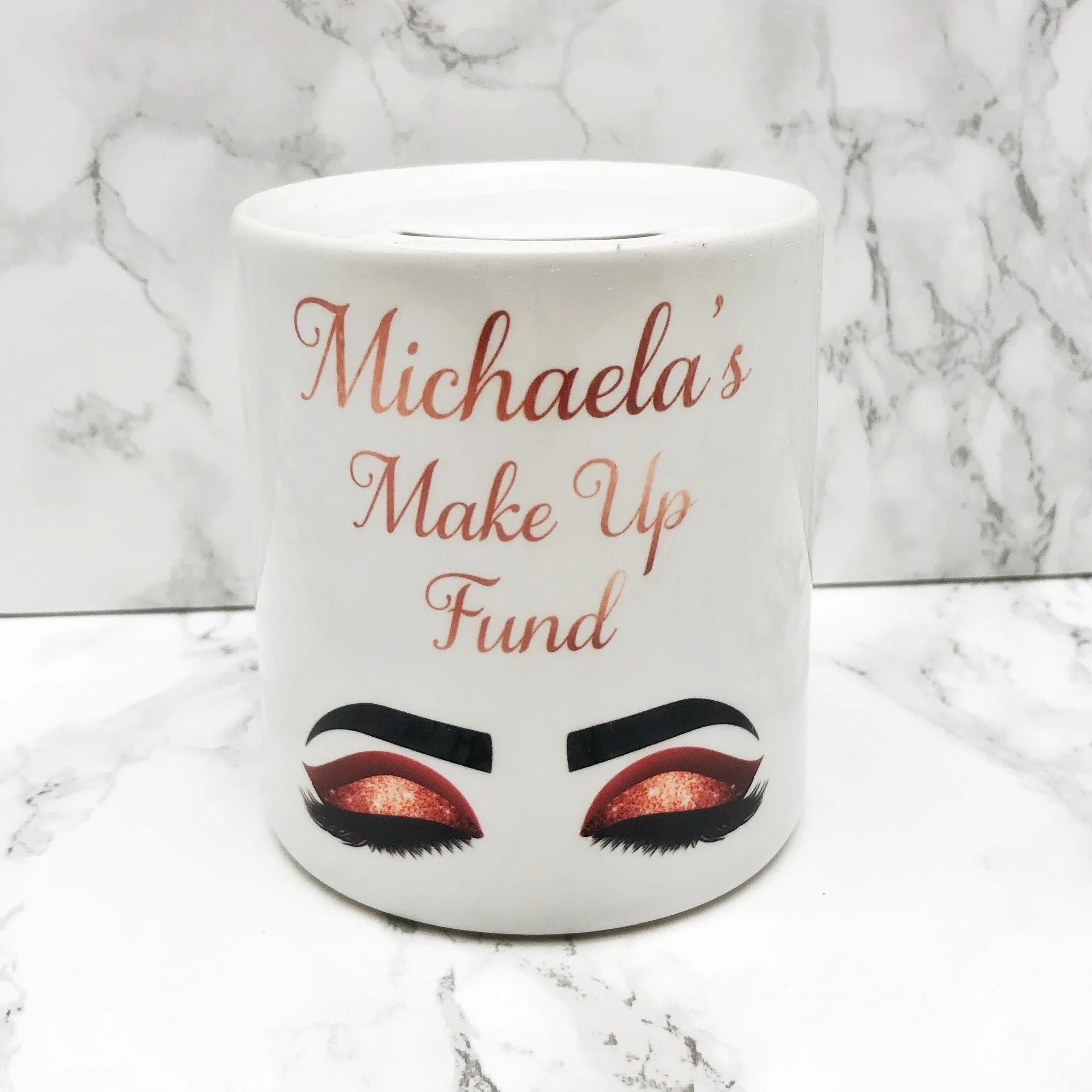 Personalise Make Up Fund Money Pot | Rose Gold Eyes