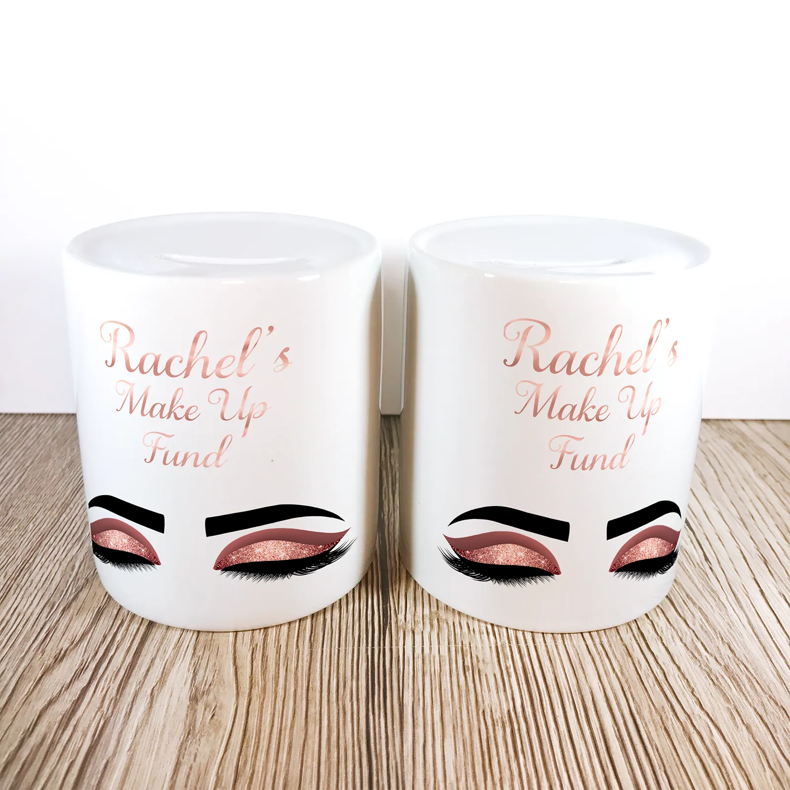 Personalise Make Up Fund Money Pot | Rose Gold Eyes