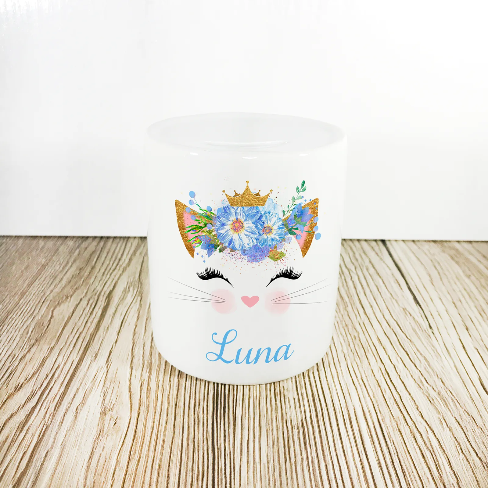 Personalised Kitty Money Pot | Blue Flowers with Crown