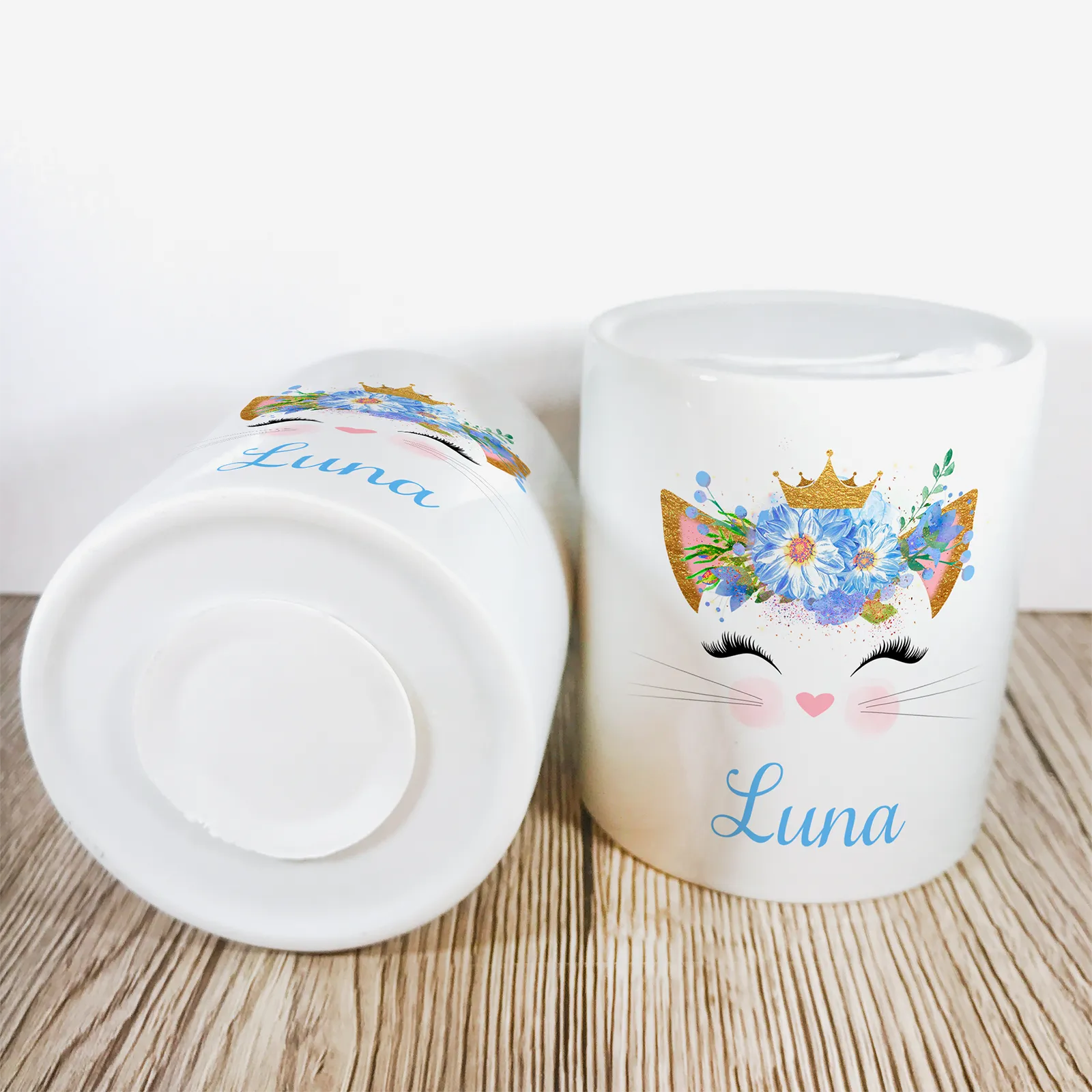 Personalised Kitty Money Pot | Blue Flowers with Crown