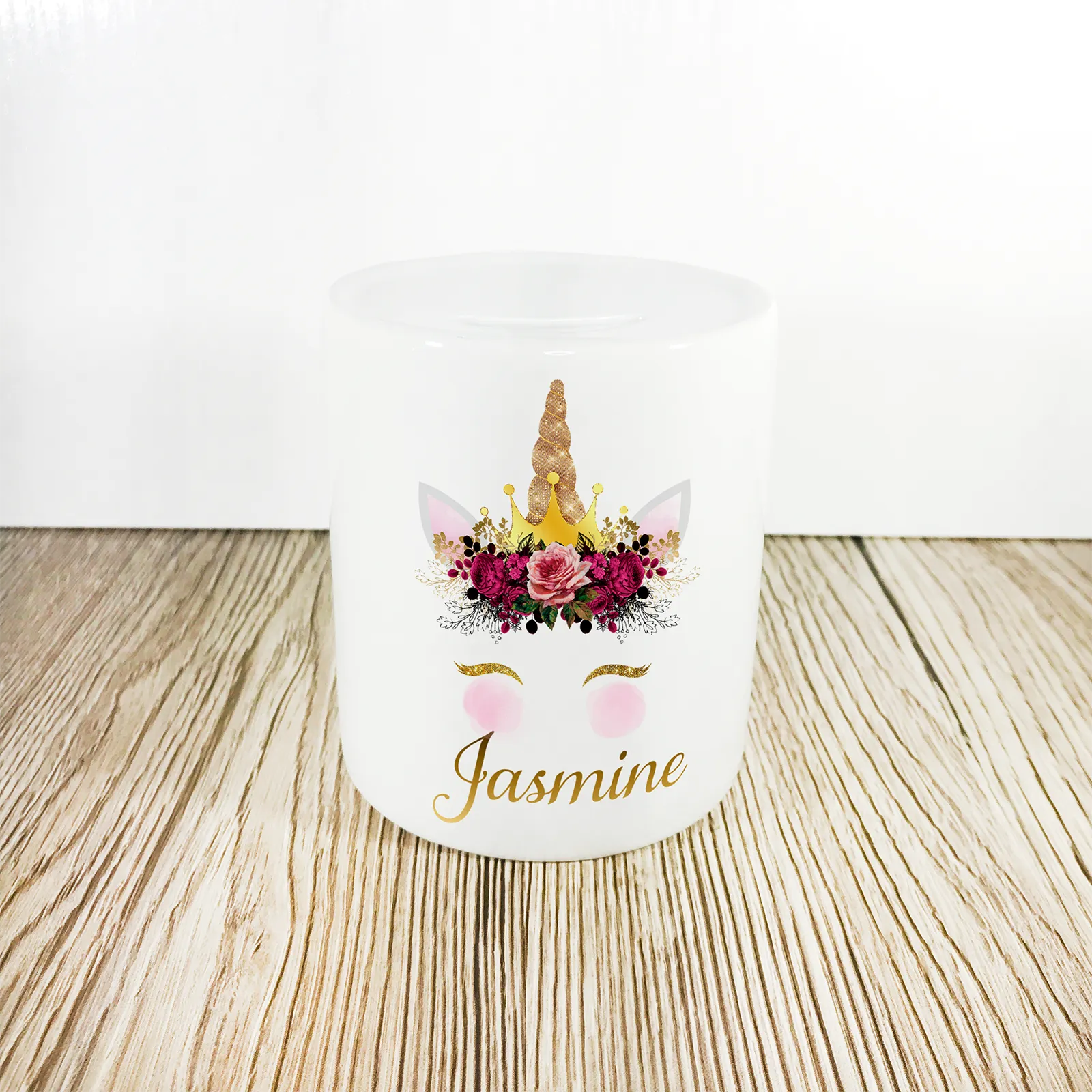 Personalised Unicorn Money Pot | Pink Flowers & Gold Horn