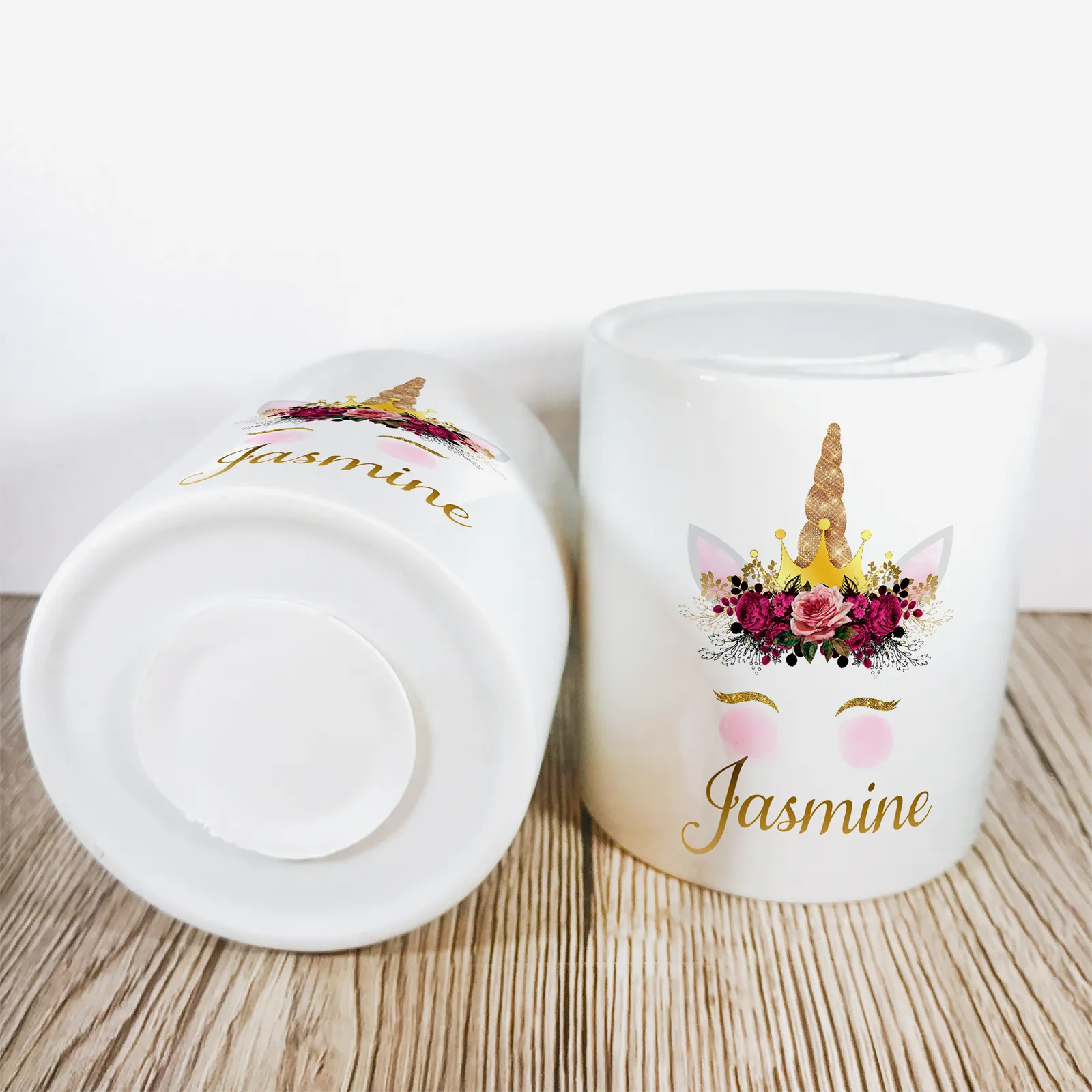 Personalised Unicorn Money Pot | Pink Flowers & Gold Horn