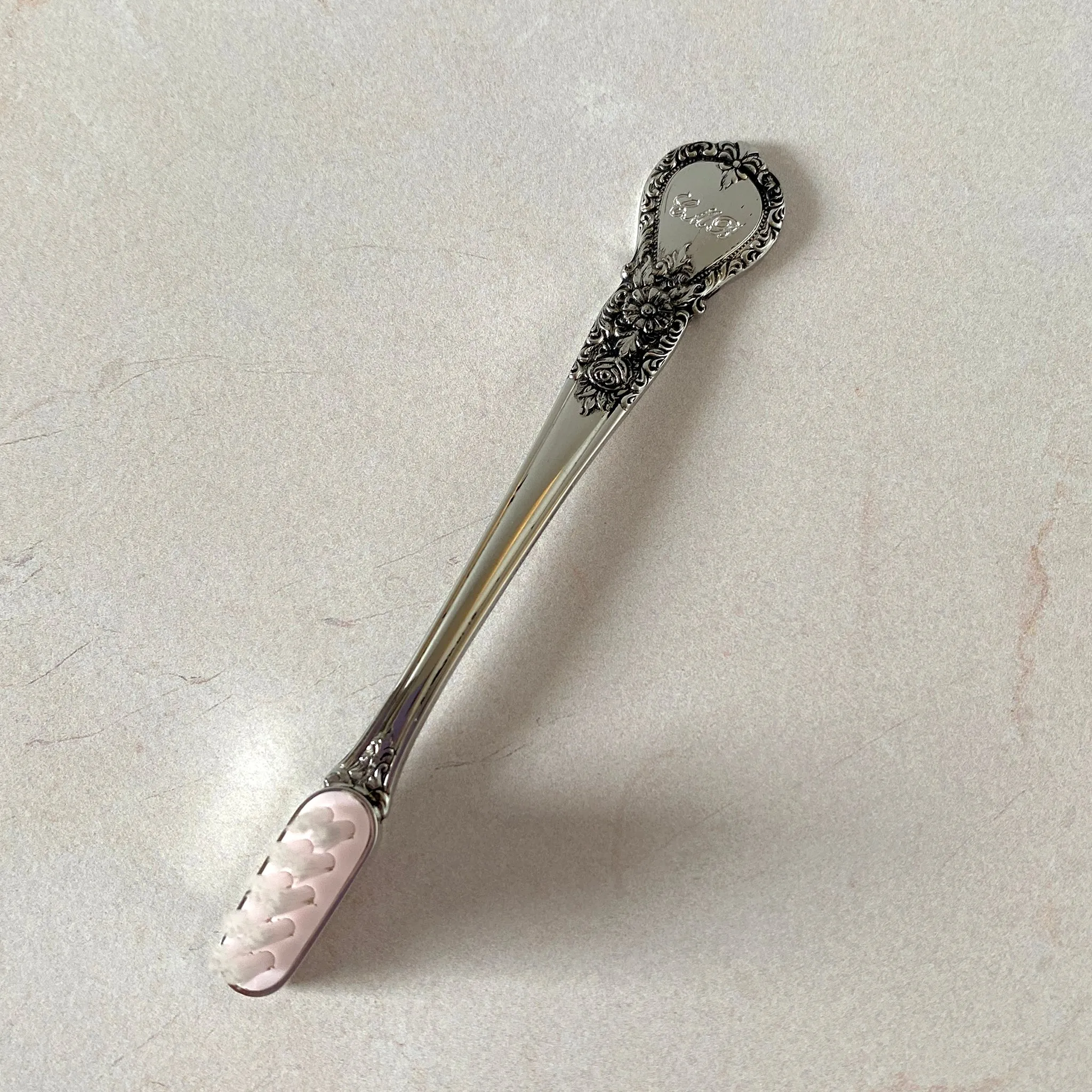 Pewter Handle Pink Baby Toothbrush