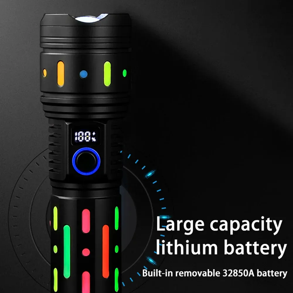 Powerful Bright Spotlight LED Flashlight With Fluorescent Absorbing Film Luminous Colorful Tactical Torch With Power Display