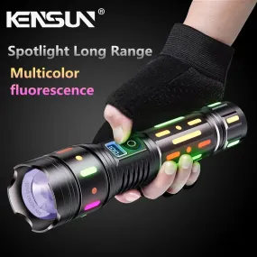 Powerful Bright Spotlight LED Flashlight With Fluorescent Absorbing Film Luminous Colorful Tactical Torch With Power Display