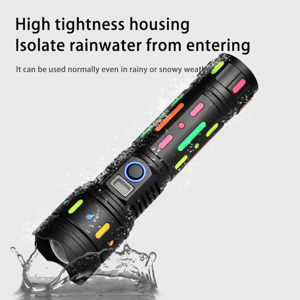 Powerful Bright Spotlight LED Flashlight With Fluorescent Absorbing Film Luminous Colorful Tactical Torch With Power Display