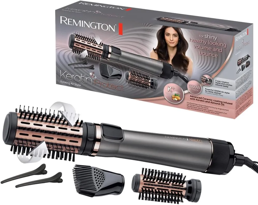 Remington Keratin Protect Rotating Airstyler AS8811 – 3 Attachments, Ceramic Coating with Almond Oil, Root Boost & Hair Clips