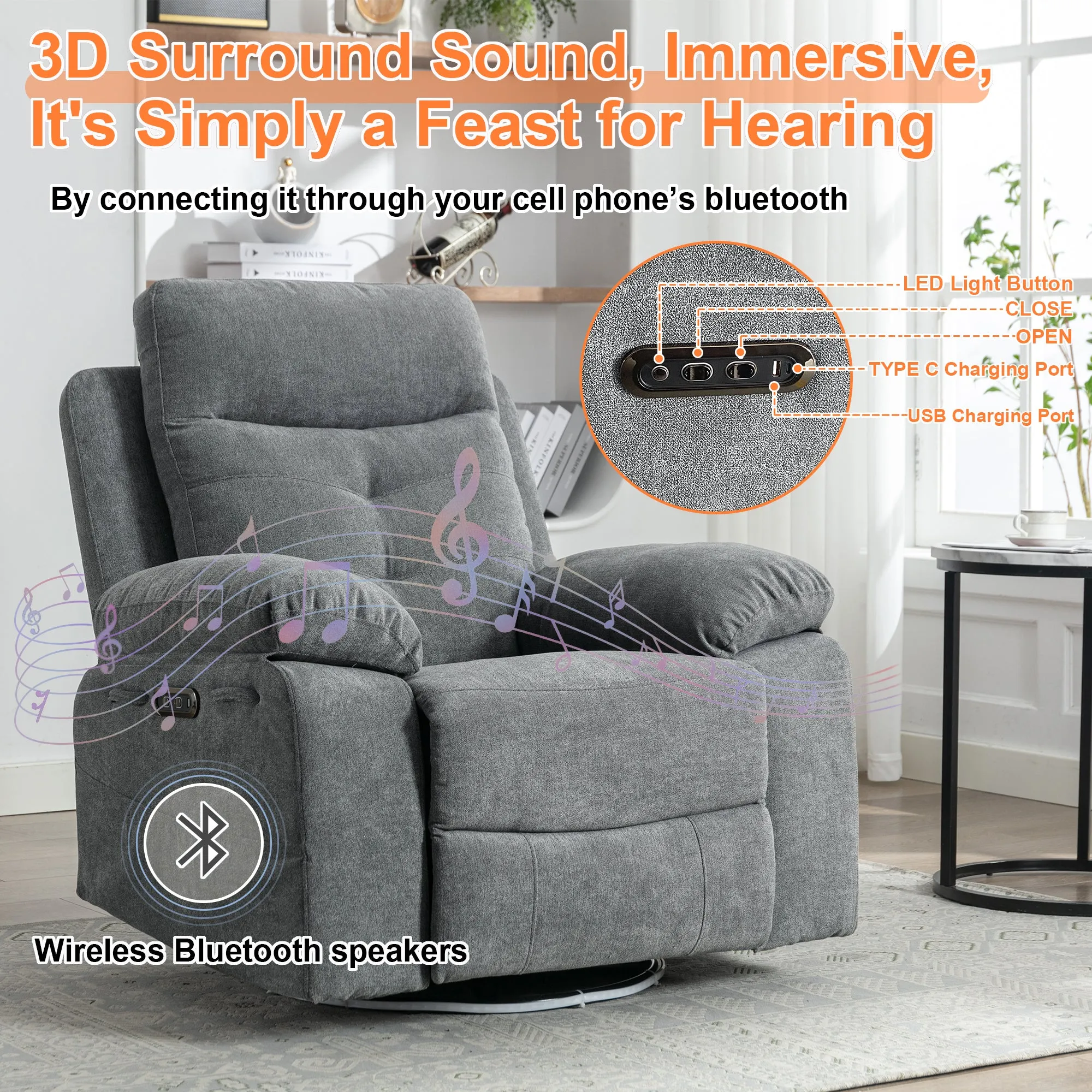 Rotating Electric Recliner Sofa with speaker & LED light