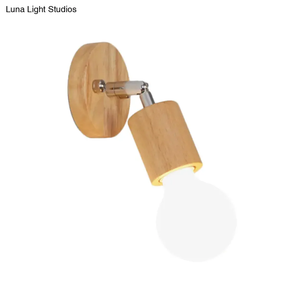 Simplistic Wood Open Bulb Mini Rotating Sconce Lamp for Single Bedroom Wall Lighting