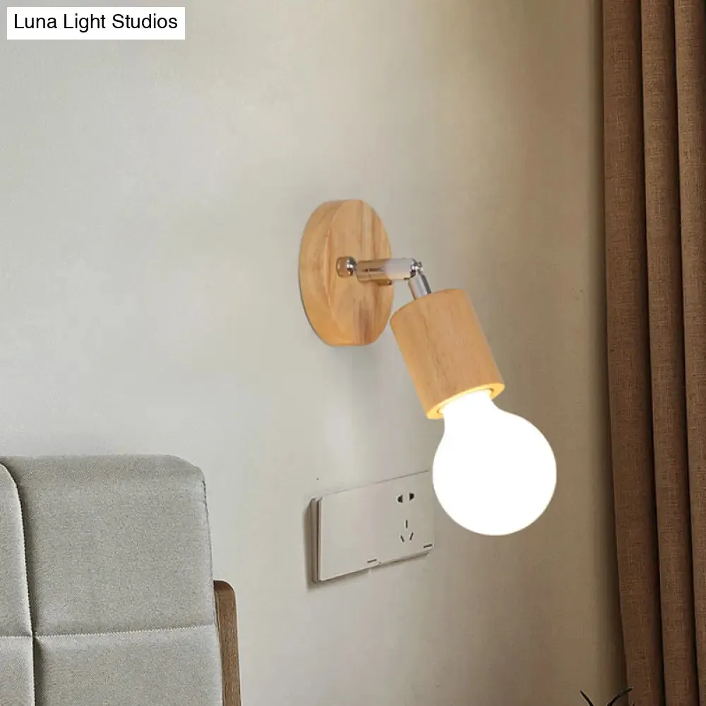 Simplistic Wood Open Bulb Mini Rotating Sconce Lamp for Single Bedroom Wall Lighting