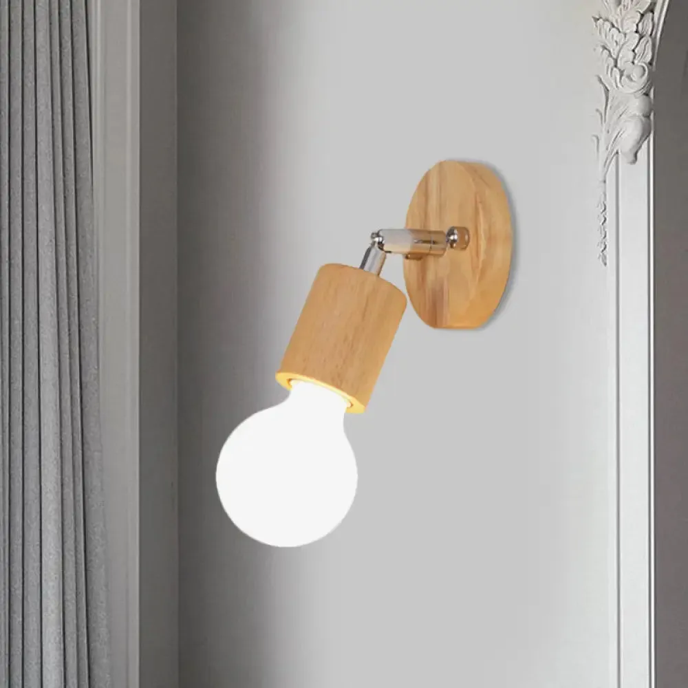 Simplistic Wood Open Bulb Mini Rotating Sconce Lamp for Single Bedroom Wall Lighting