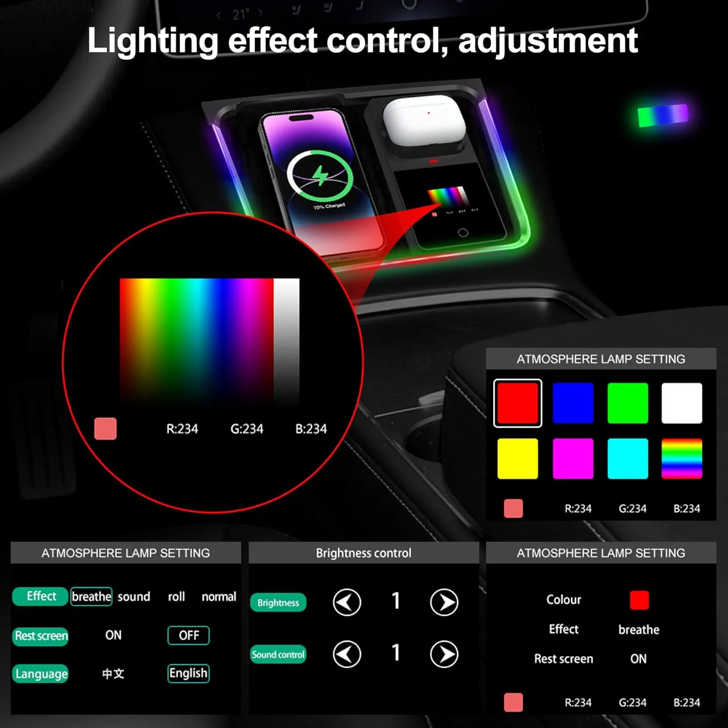 T7 Tesla Model 3 2021-2023 / Model Y 2021-2024 Interior Ambient COB LED Light Kit Wireless Earphone Charger